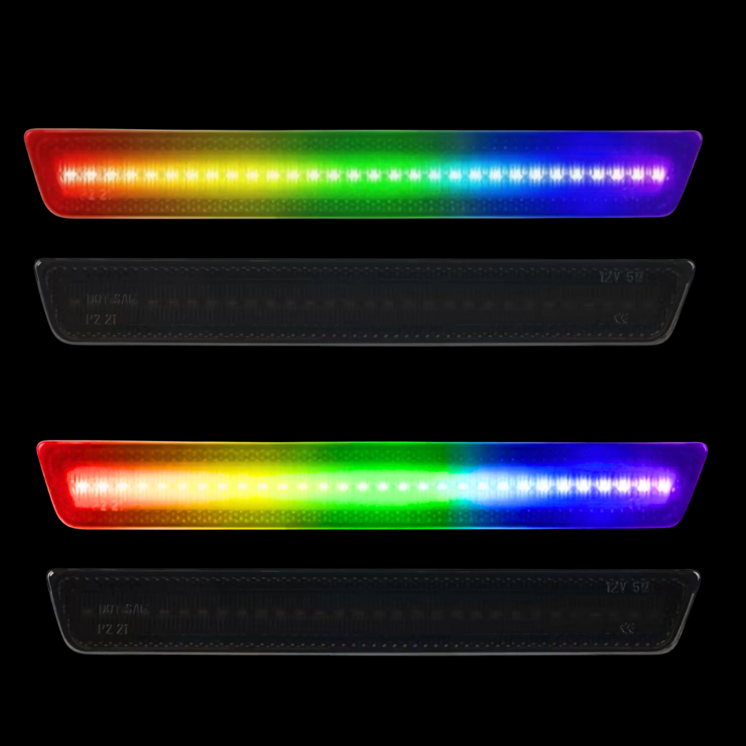 AutoJeweler RGB LED side marker lights for Chevy Camaro showing smoked lens and multicolor LEDs on black background