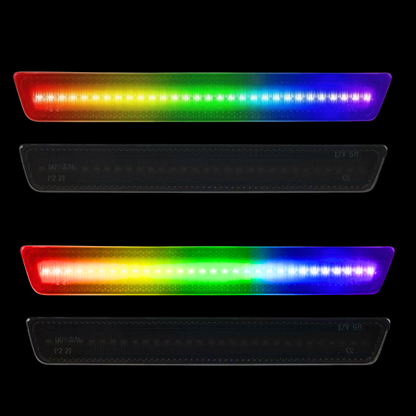 AutoJeweler RGB LED side marker lights for Chevy Camaro showing smoked lens and multicolor LEDs on black background
