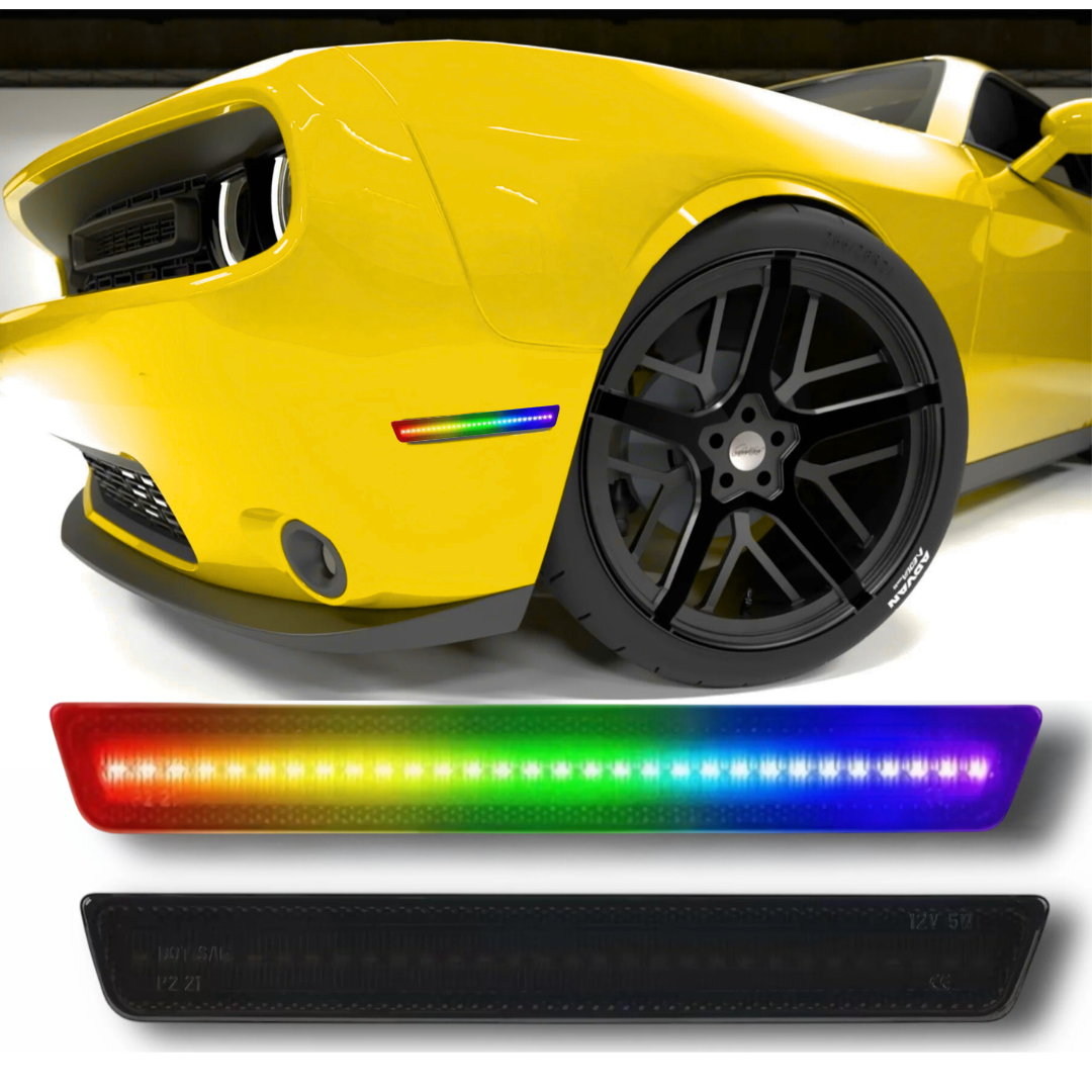 AutoJeweler RGB LED side marker lights installed on yellow Chevy Camaro showing smoked lens multicolor illumination