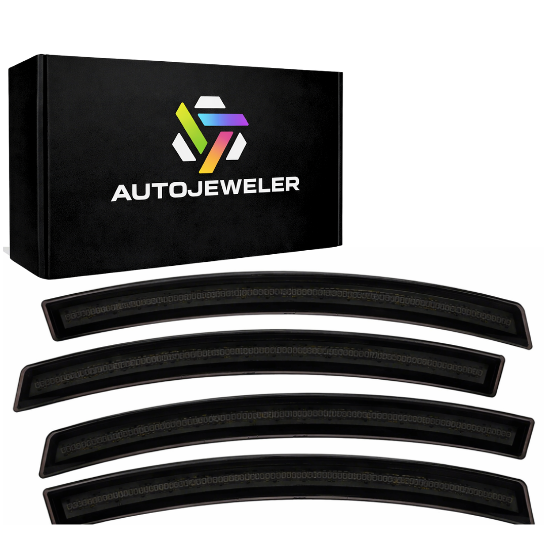 AutoJeweler RGB LED side marker light kit showing four smoked lens markers with branded packaging for Corvette C6 and C7 applications