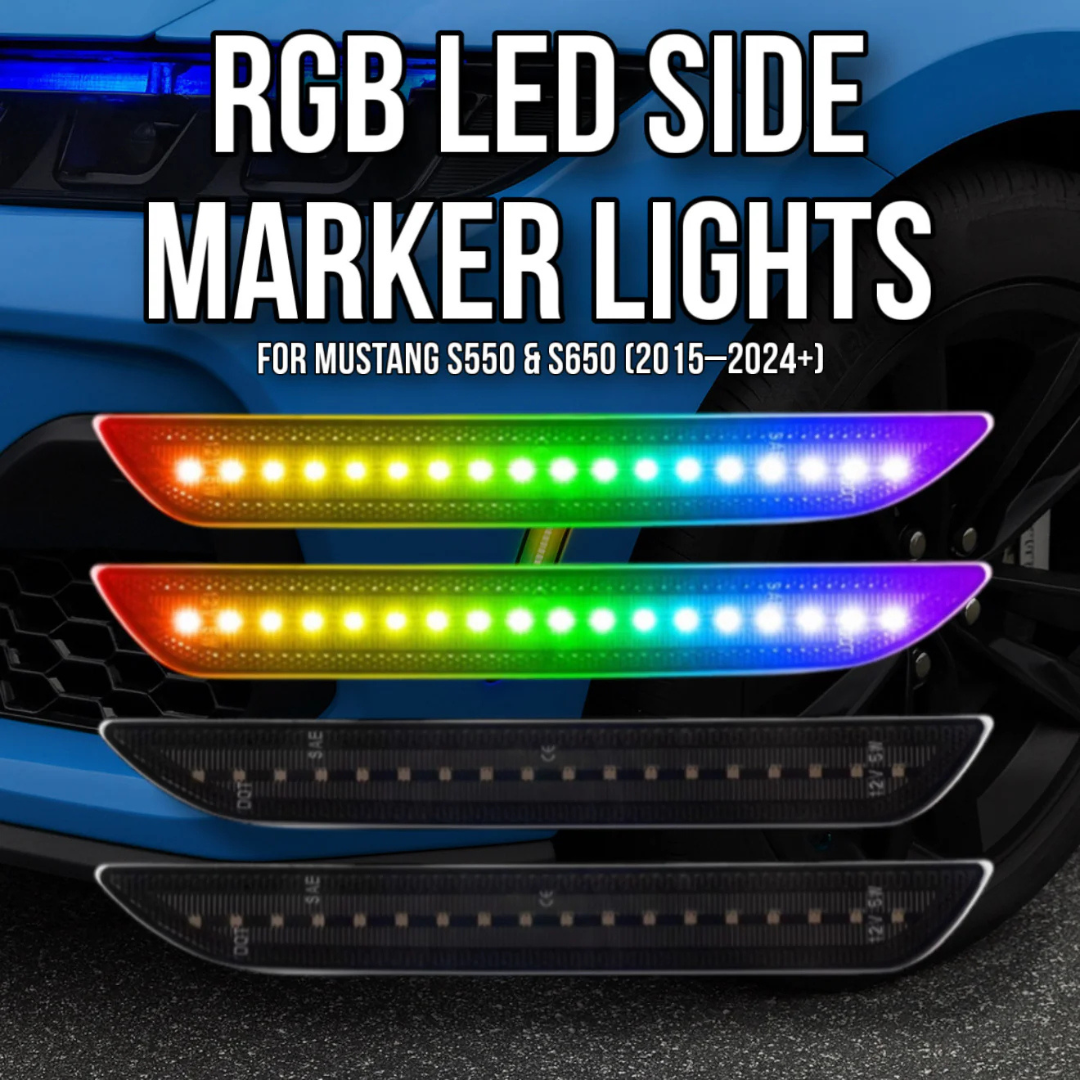 RGB LED side marker lights for Ford Mustang S550 and S650 (2015–2024+), smoked lens plug and play upgrade with multicolor lighting