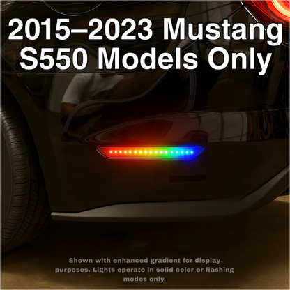 RGB LED rear side marker lights on Ford Mustang S550 2015–2023 showing multicolor lighting and smoked housing