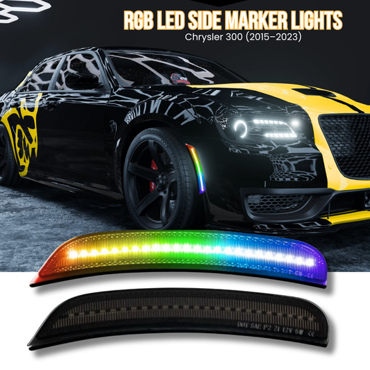 AutoJeweler RGB LED side marker lights installed on Chrysler 300 2015–2023 with smoked lens and multicolor illumination