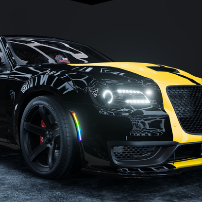 RGB LED side marker light installed on Chrysler 300 front fender showing smoked lens and rainbow lighting