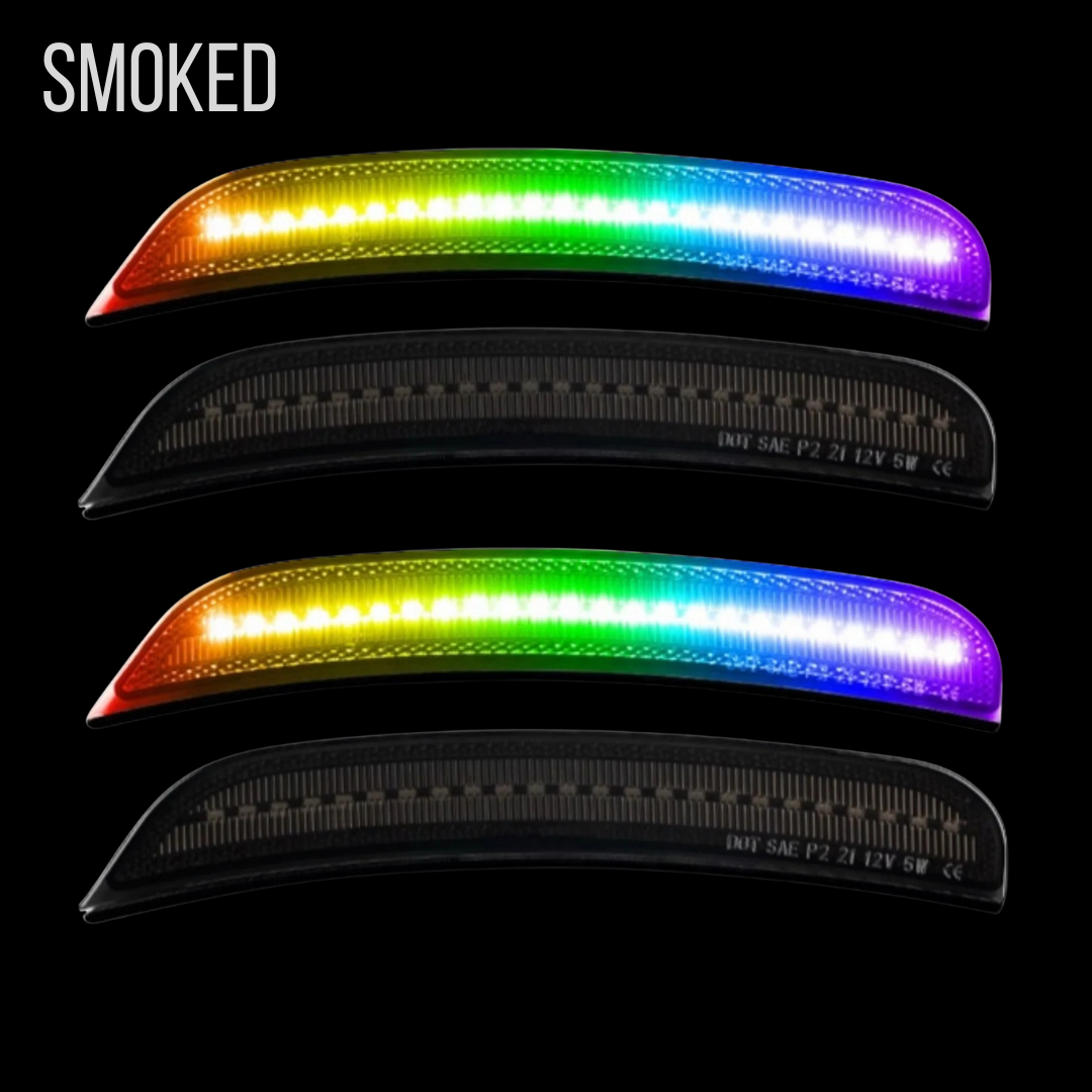 Smoked lens RGB LED side marker lights for Chrysler 300 showing illuminated and unlit comparison