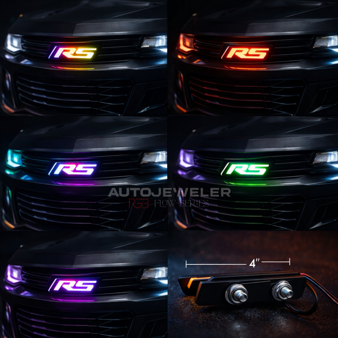 AutoJeweler RS Flow Series RGB LED emblem installed on vehicle grille with rainbow lighting effect