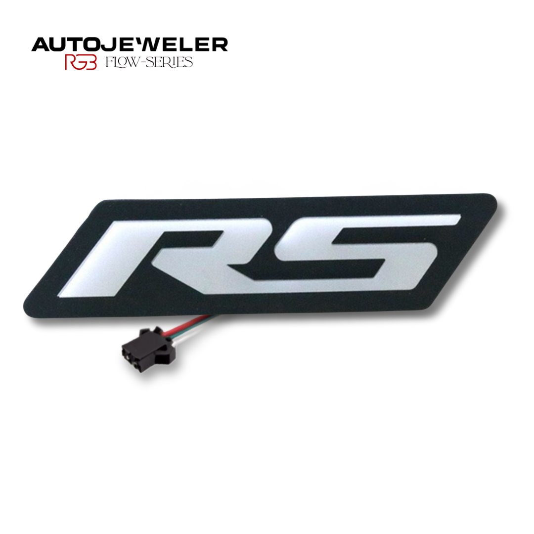 AutoJeweler RS Flow Series LED grille emblem on white background with wiring connector