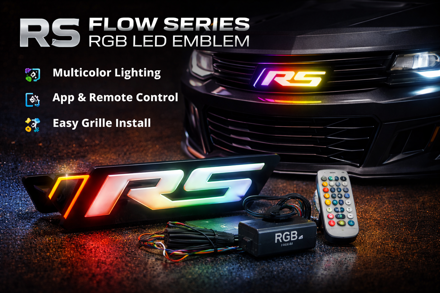 AutoJeweler RS Flow Series RGB LED grille emblem installed on Chevrolet Camaro, multicolor lighting with app and remote control