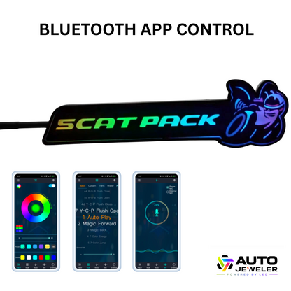 Scat Pack RGB Flow-Series LED grille emblem with Bluetooth app control showing color and effect screens – AutoJeweler.