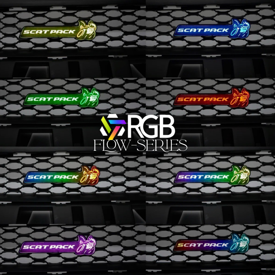 Grid showing Scat Pack RGB Flow-Series LED grille emblem in multiple colors on a honeycomb grille with RGB Flow-Series logo.