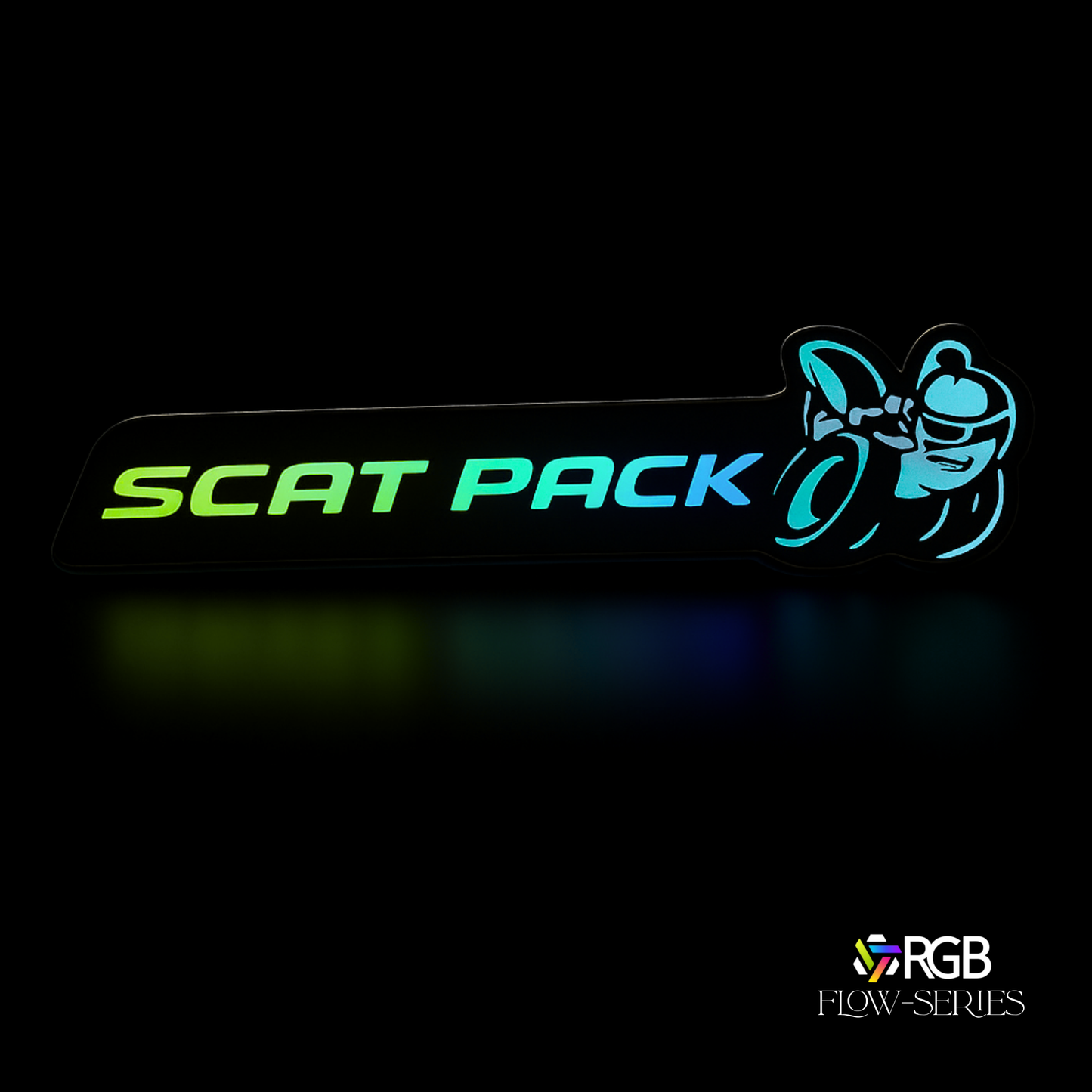 Scat Pack RGB Flow-Series LED grille emblem glowing in multicolor on black with RGB Flow-Series logo – AutoJeweler.