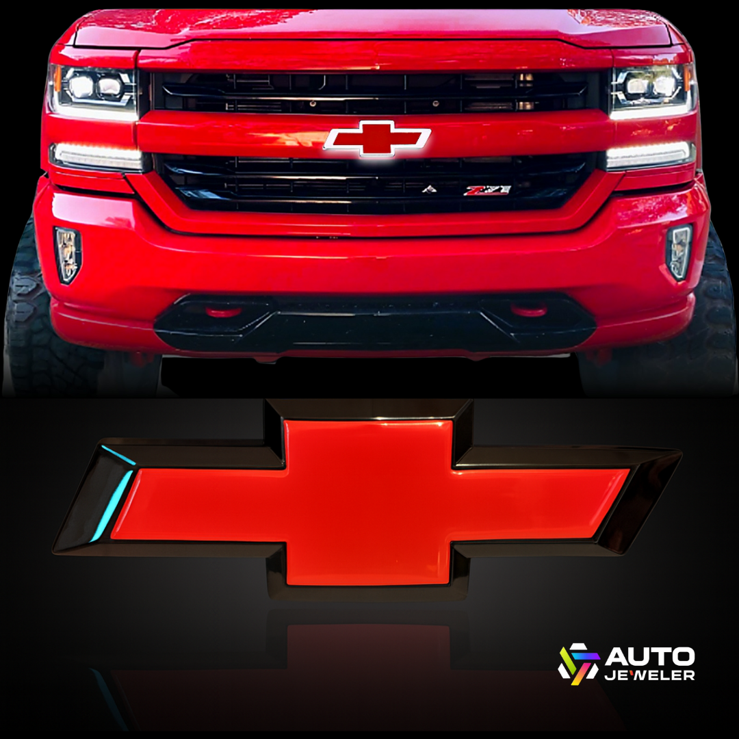 2016–2018 Chevy Silverado 1500 with red/black LED Bowtie emblem — installed front view and studio close-up