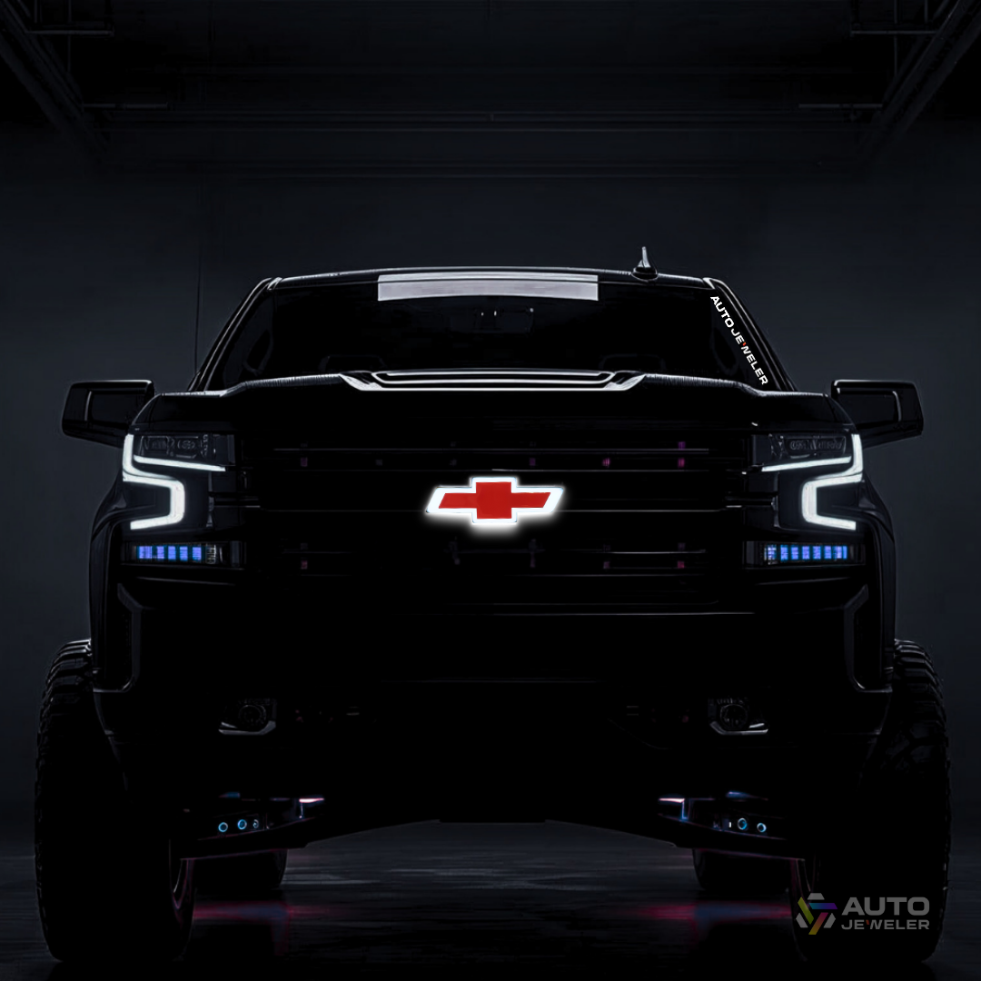 2016–2018 Chevy Silverado 1500 red/black LED Bowtie grille emblem illuminated — installed front view