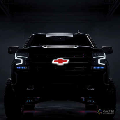 2016–2018 Chevy Silverado 1500 red/black LED Bowtie grille emblem illuminated — installed front view