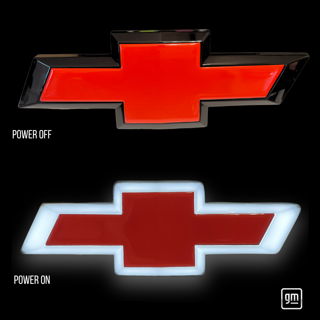 Red/black Chevy Bowtie emblem comparison — power off vs power on (white LED outline)