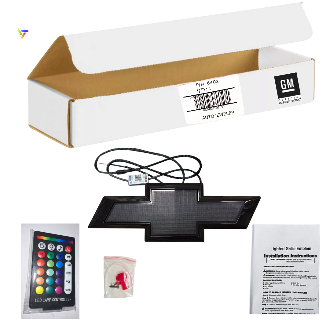 Complete kit: RGB bowtie emblem, wiring, Bluetooth controller, remote, hardware, and instructions.