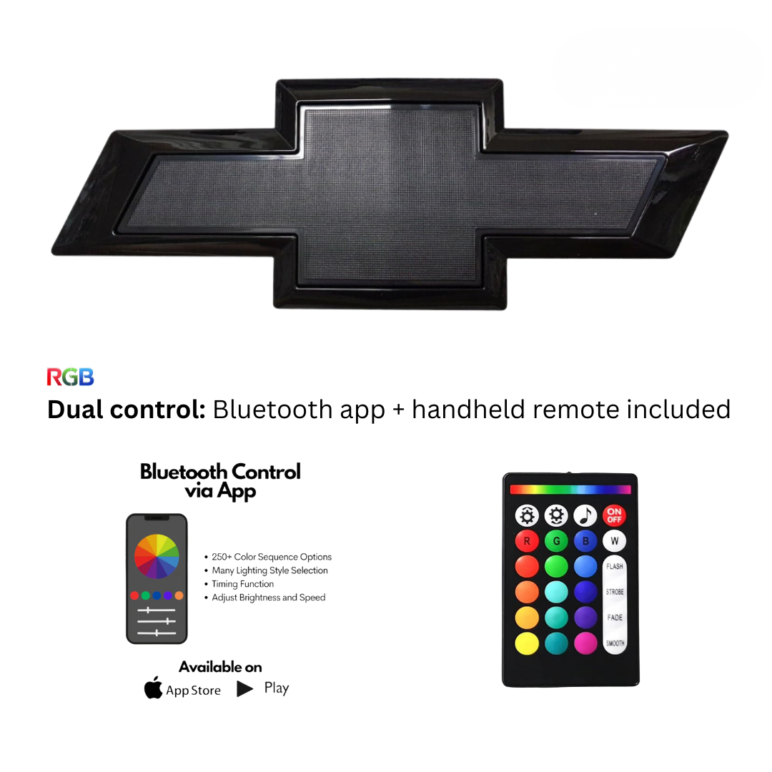 RGB bowtie grille emblem with dual control—Bluetooth app and handheld remote included.