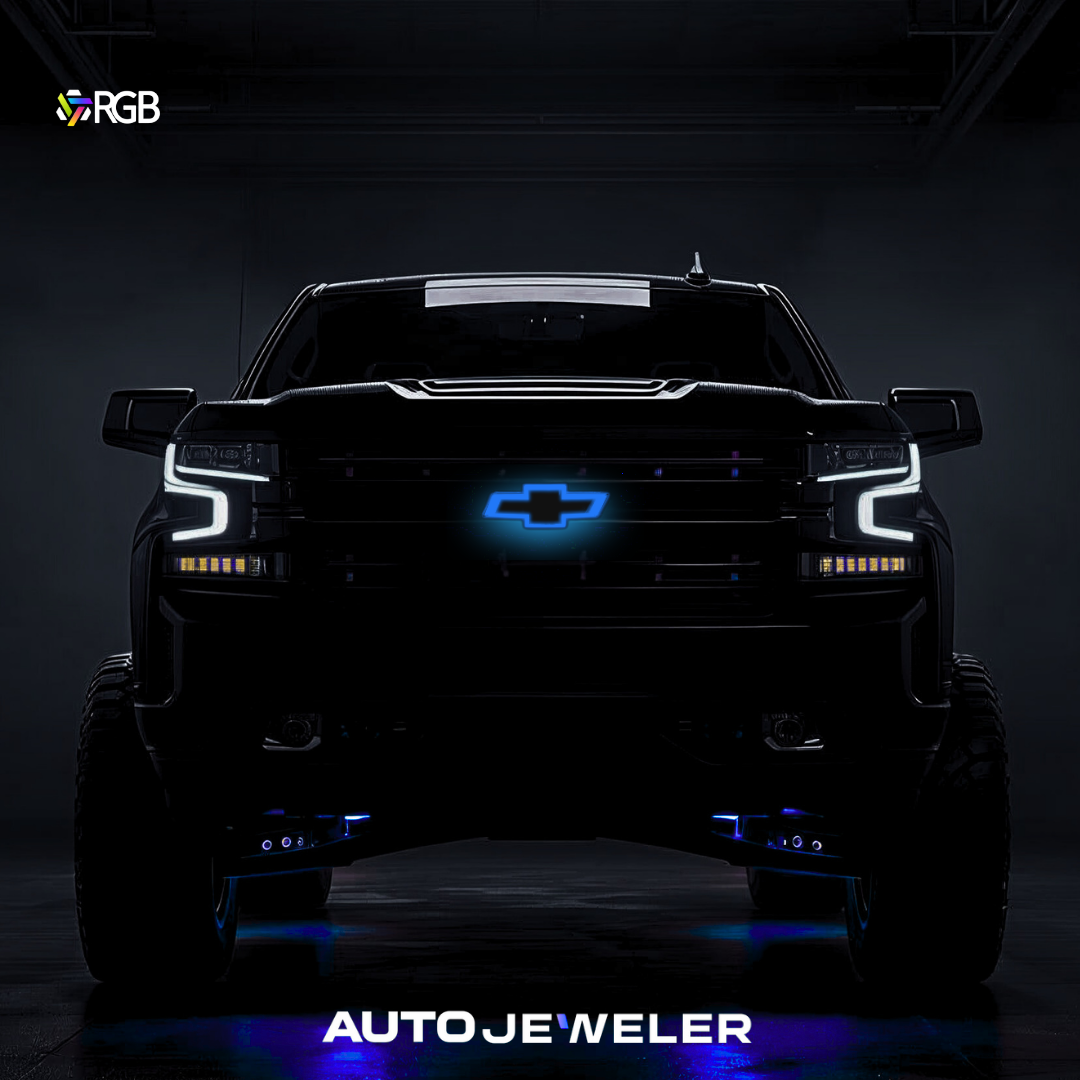 RGB LED grille bowtie glowing blue on Chevy Silverado front; black emblem