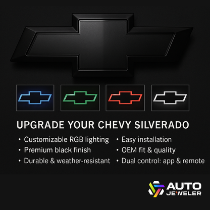 Black bowtie grille emblem with blue, green, red, and white RGB outline thumbnails; highlights customizable lighting, OEM fit, easy install, and app + remote control.