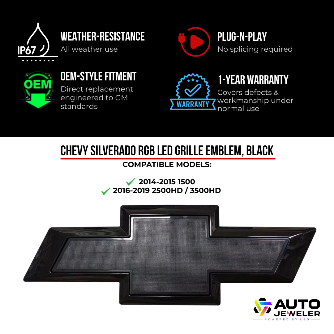 Chevy Silverado RGB LED grille bowtie features card with IP67 weather resistance, plug-and-play install, OEM-style fitment, 1-year warranty, and fitment for 2014–15 1500 and 2016–19 2500HD/3500HD.