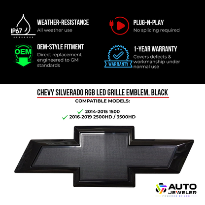 Chevy Silverado RGB LED grille bowtie features card with IP67 weather resistance, plug-and-play install, OEM-style fitment, 1-year warranty, and fitment for 2014–15 1500 and 2016–19 2500HD/3500HD.