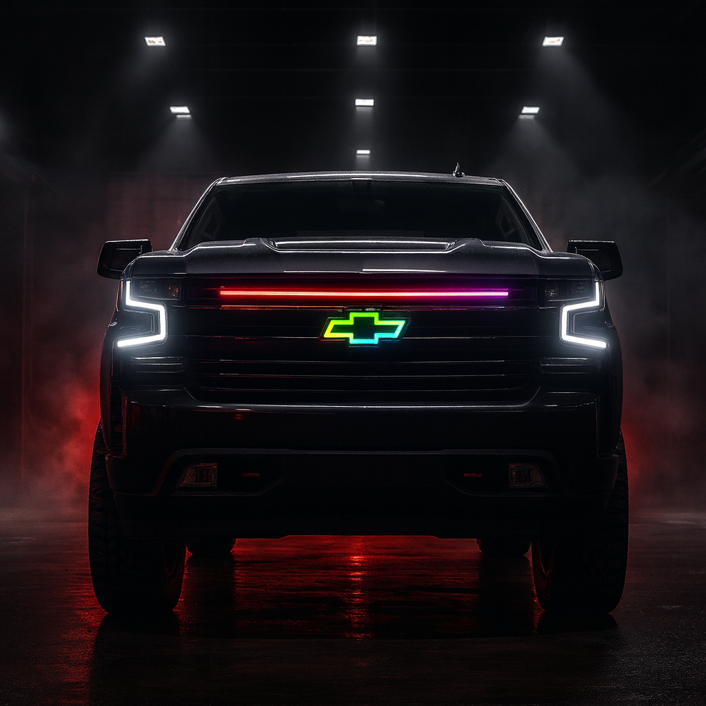Chevrolet truck front view with illuminated logo in a dark setting