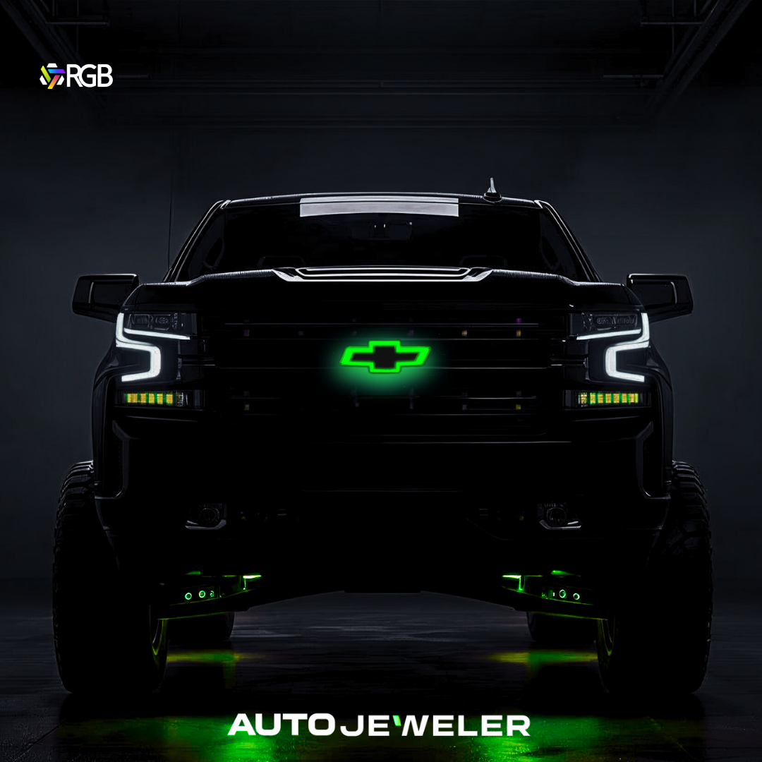RGB LED grille bowtie glowing green on Chevy Silverado; night garage scene.