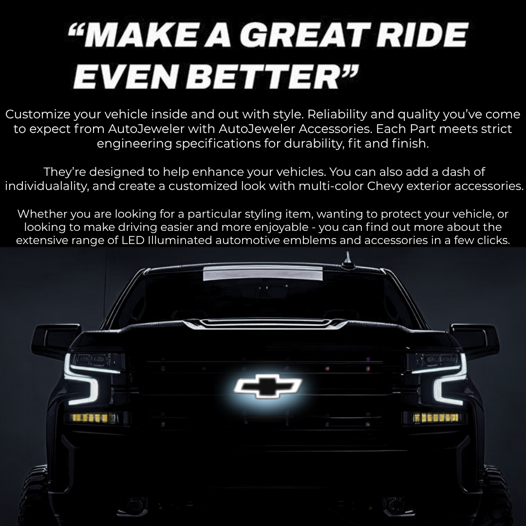 Night front view of Chevy Silverado with white-glowing RGB bowtie emblem and “Make a great ride even better” headline; premium lifestyle banner.