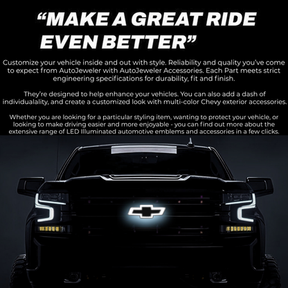 Night front view of Chevy Silverado with white-glowing RGB bowtie emblem and “Make a great ride even better” headline; premium lifestyle banner.