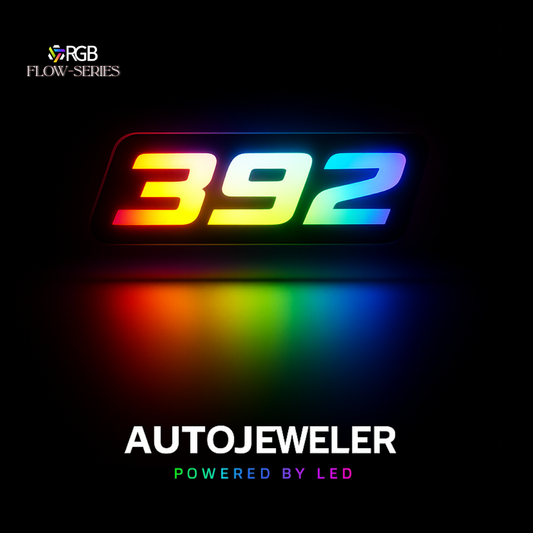SRT 392 RGB FLOW-SERIES LED grille emblem glowing in rainbow gradient – AutoJeweler hero image.