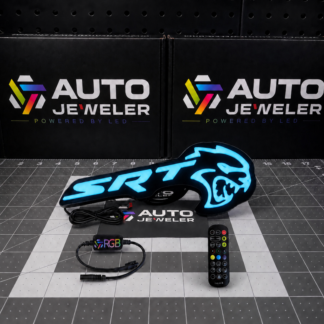AutoJeweler SRT Hellcat Flow Series RGB grille emblem illuminated solid blue with controller and RF remote