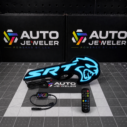 AutoJeweler SRT Hellcat Flow Series RGB grille emblem illuminated solid blue with controller and RF remote