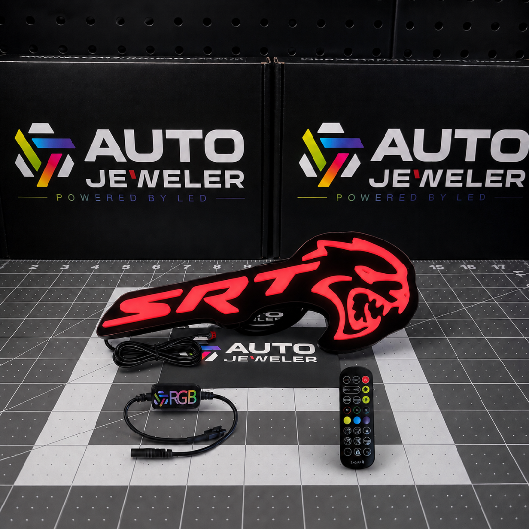 AutoJeweler SRT Hellcat Flow Series grille emblem illuminated solid red with RGB controller and handheld remote