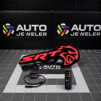 AutoJeweler SRT Hellcat Flow Series grille emblem illuminated solid red with RGB controller and handheld remote