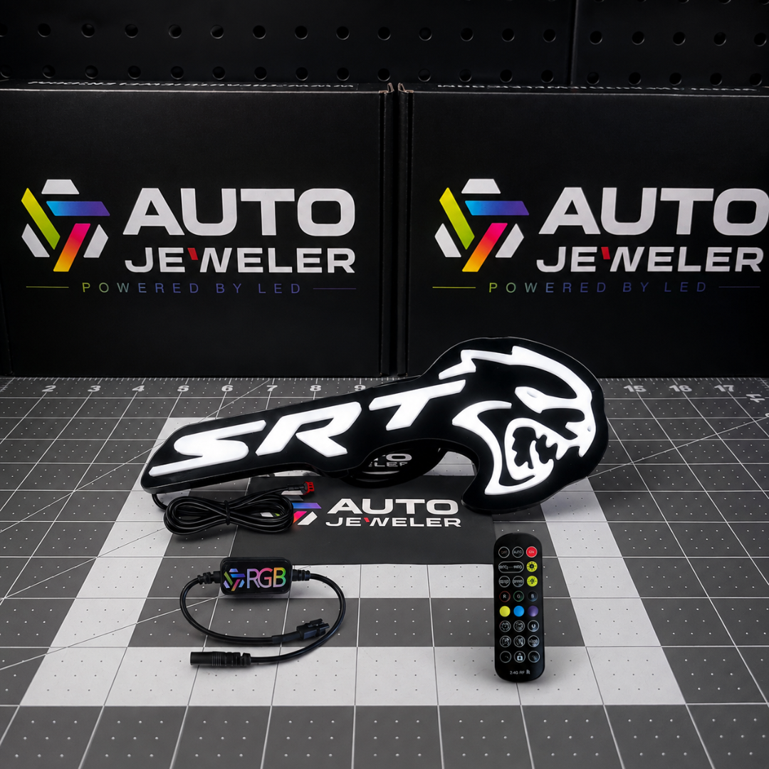 SRT Hellcat Flow Series LED grille emblem illuminated bright white with controller, wiring harness and handheld remote