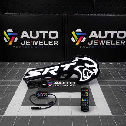 SRT Hellcat Flow Series LED grille emblem illuminated bright white with controller, wiring harness and handheld remote