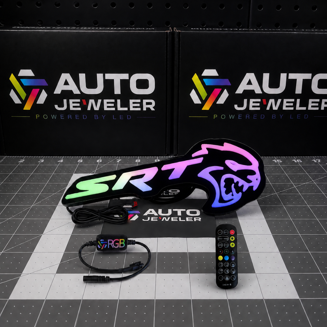 SRT Hellcat RGB Flow Series LED emblem displaying multicolor lighting with Bluetooth controller and RF remote