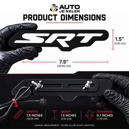 AutoJeweler SRT RGB Flow Series LED grille emblem product dimensions showing 7.5 inch length, 1.5 inch height, 0.7 inch thickness, front view, rear mounting bolts, and wiring connector.