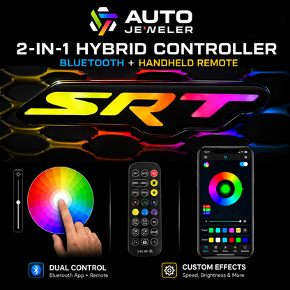 AutoJeweler SRT RGB Flow Series LED grille emblem with 2-in-1 hybrid controller, Bluetooth app control, handheld remote, color wheel, brightness, speed, and custom lighting effects.
