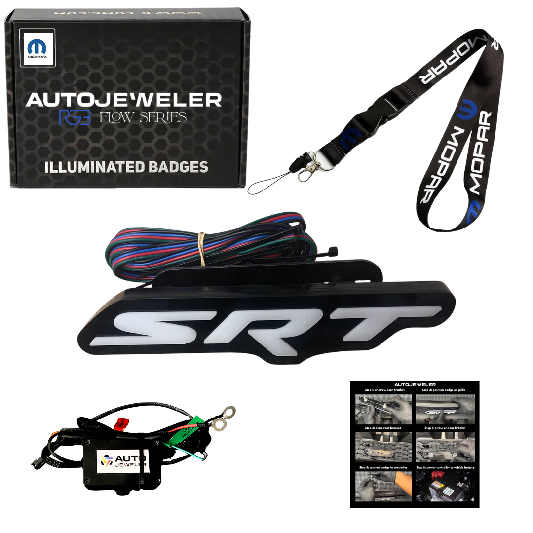AutoJeweler RGB Flow Series SRT LED grille emblem kit with wiring harness, controller, and installation components