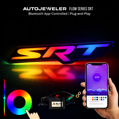 AutoJeweler RGB Flow Series SRT LED grille emblem with Bluetooth app control and color changing lighting effects