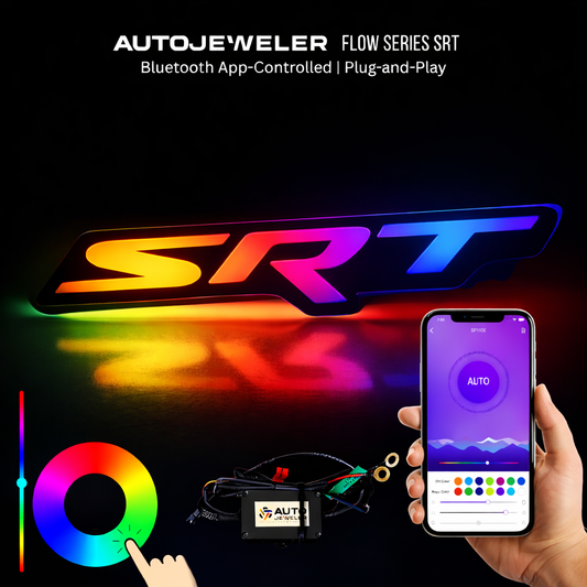 AutoJeweler RGB Flow Series SRT LED grille emblem with Bluetooth app control and color changing lighting effects