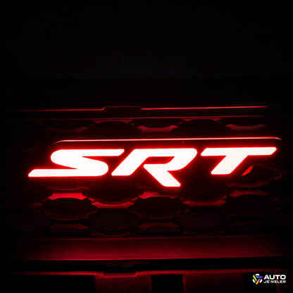 AutoJeweler RGB Flow Series SRT LED grille emblem glowing red installed in Dodge Charger grille