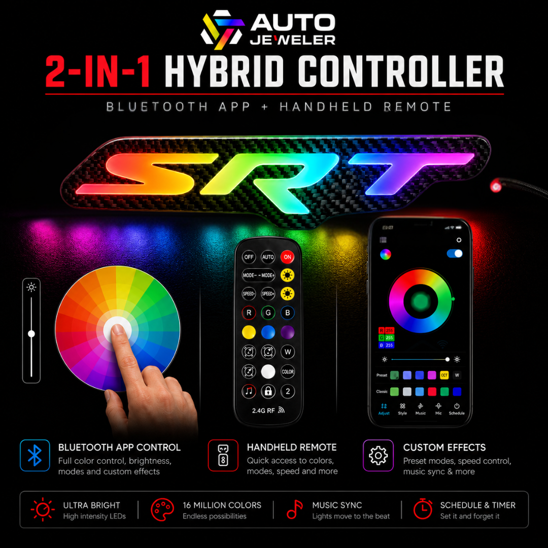 AutoJeweler 2-in-1 Hybrid Controller promotional graphic showing a smartphone app screen, a handheld remote, and a large rainbow-colored SRT light bar on a black background, with feature callouts for Bluetooth app control, handheld remote, and custom effects.