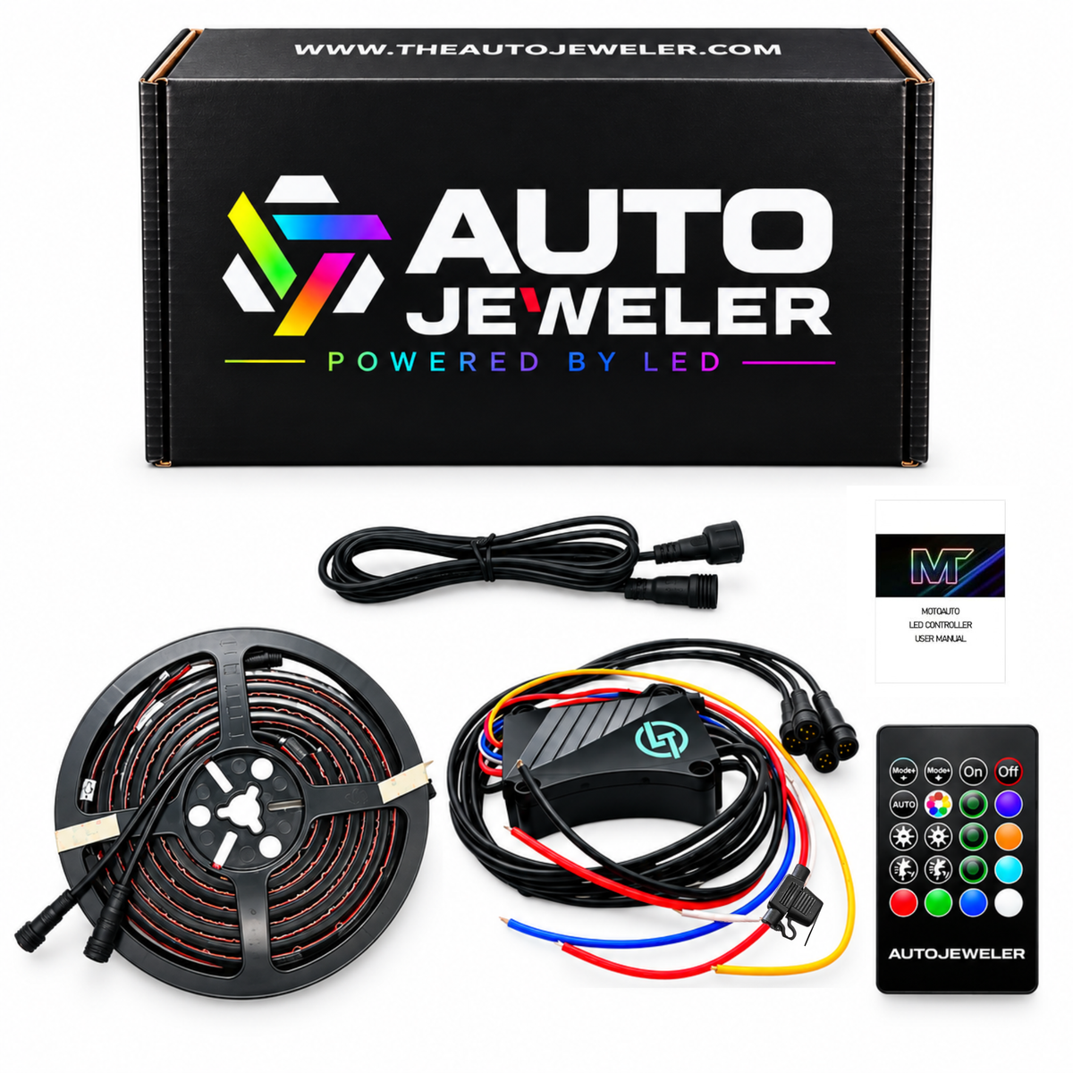 AutoJeweler Flow Series RGB grille lighting kit with 60 inch waterproof LED strip, 4-output RGB flow series Galaxy Pro Indicator controller, waterproof barrel connectors, 5-foot extension wire, and RF handheld remote with premium AutoJeweler Packaging.