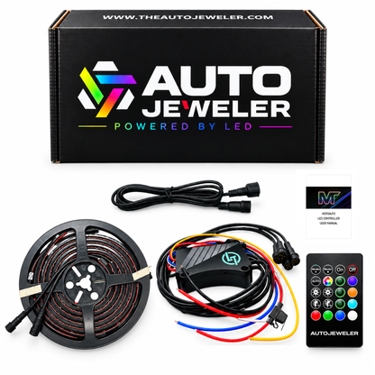 AutoJeweler Flow Series RGB grille lighting kit with 60 inch waterproof LED strip, 4-output RGB flow series Galaxy Pro Indicator controller, waterproof barrel connectors, 5-foot extension wire, and RF handheld remote with premium AutoJeweler Packaging.