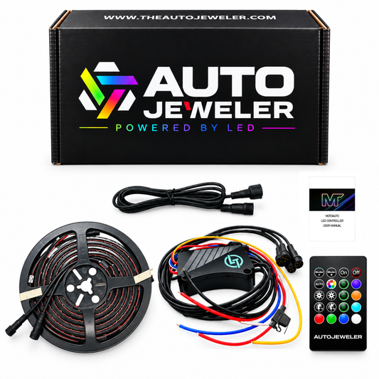 AutoJeweler Flow Series RGB grille lighting kit with 60 inch waterproof LED strip, 4-output RGB flow series Galaxy Pro Indicator controller, waterproof barrel connectors, 5-foot extension wire, and RF handheld remote with premium AutoJeweler Packaging.