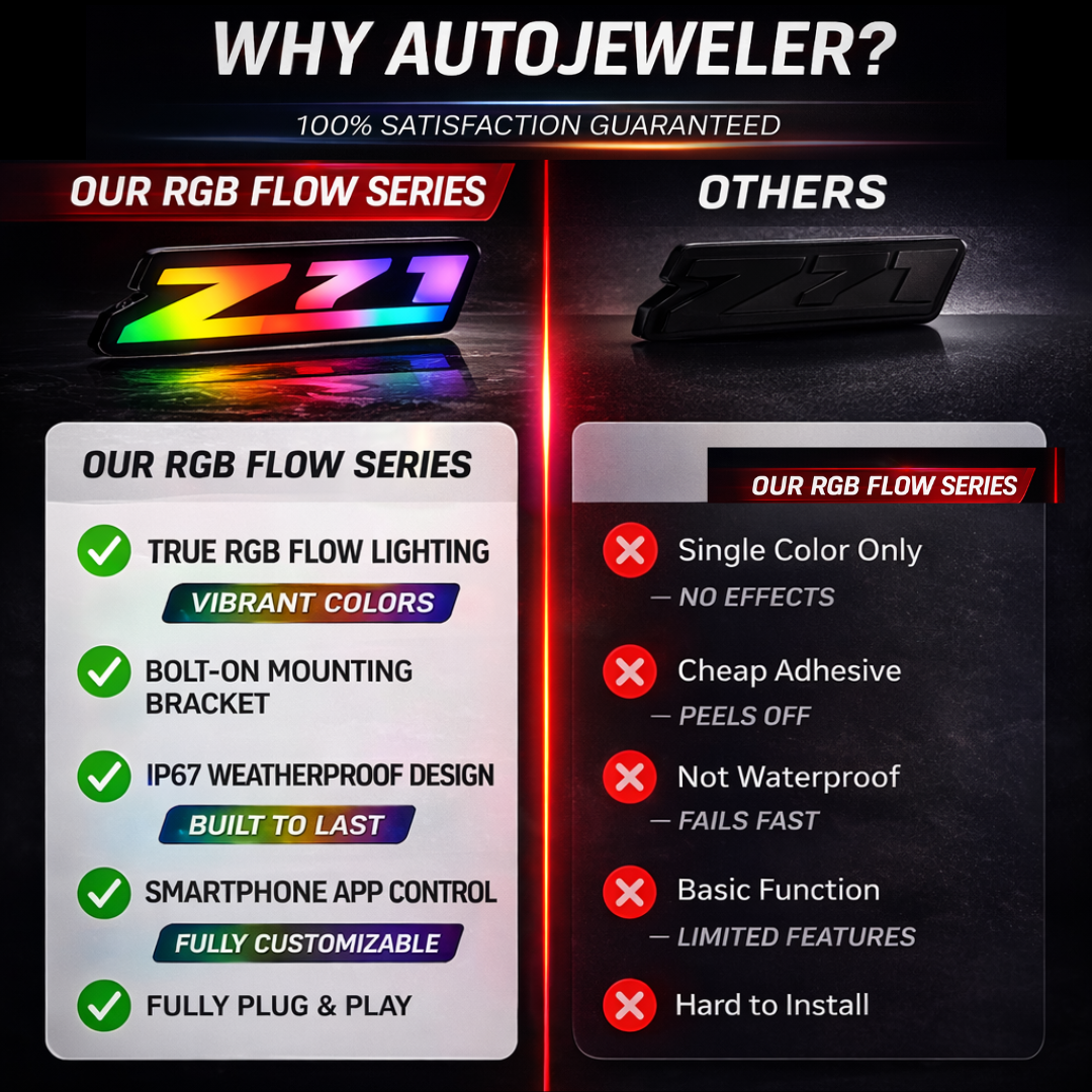AutoJeweler RGB Flow Series Z71 emblem vs standard emblems comparison showing RGB lighting, waterproof design, and bolt-on mounting advantages
