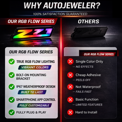 AutoJeweler RGB Flow Series Z71 emblem vs standard emblems comparison showing RGB lighting, waterproof design, and bolt-on mounting advantages