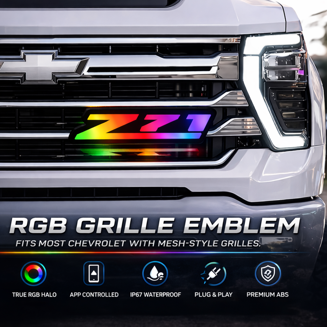 Chevrolet vehicle grille with RGB Z71 emblem and product features displayed.